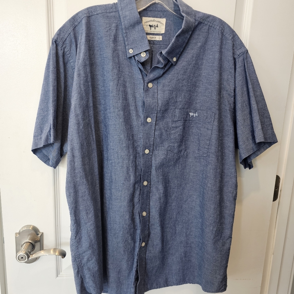Coastal Cotton Mens Short Sleeve Button Down Chambray Blue Cotton/Linen Blend XL